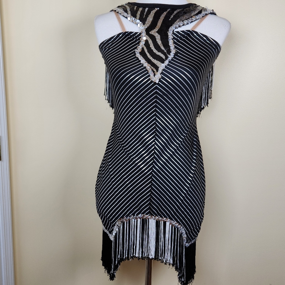 Curtain Call CLA Fringe Sequin Dance Skating Dress Costume Flapper Womens Small